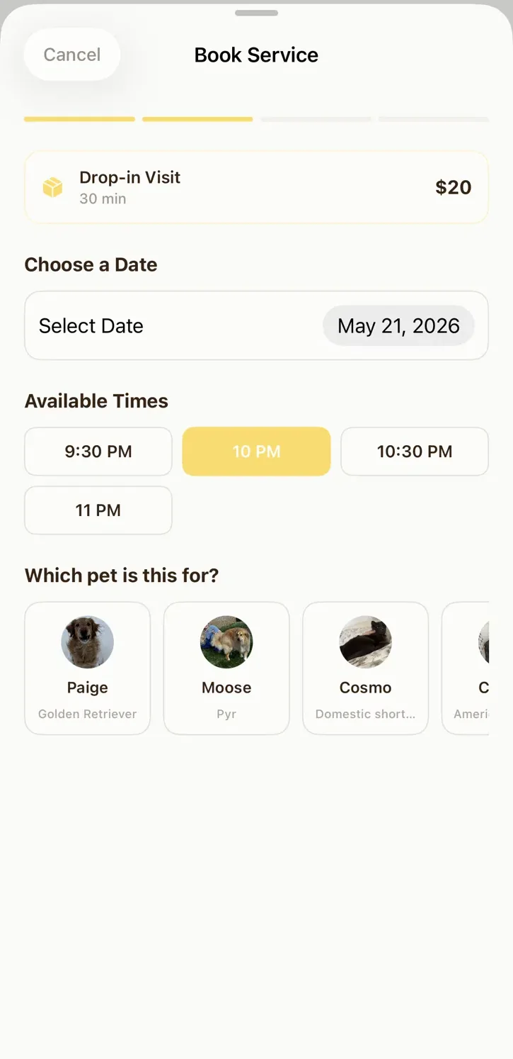 Pawprint Book Service screen with a date picker, available time slots, and a pet selector