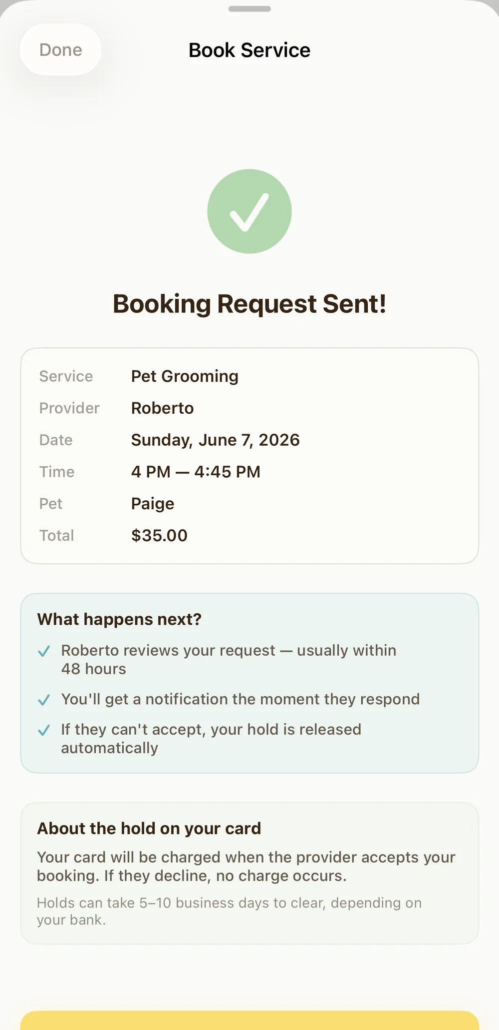 Pawprint booking confirmation screen with vaccination records on file and a booking summary