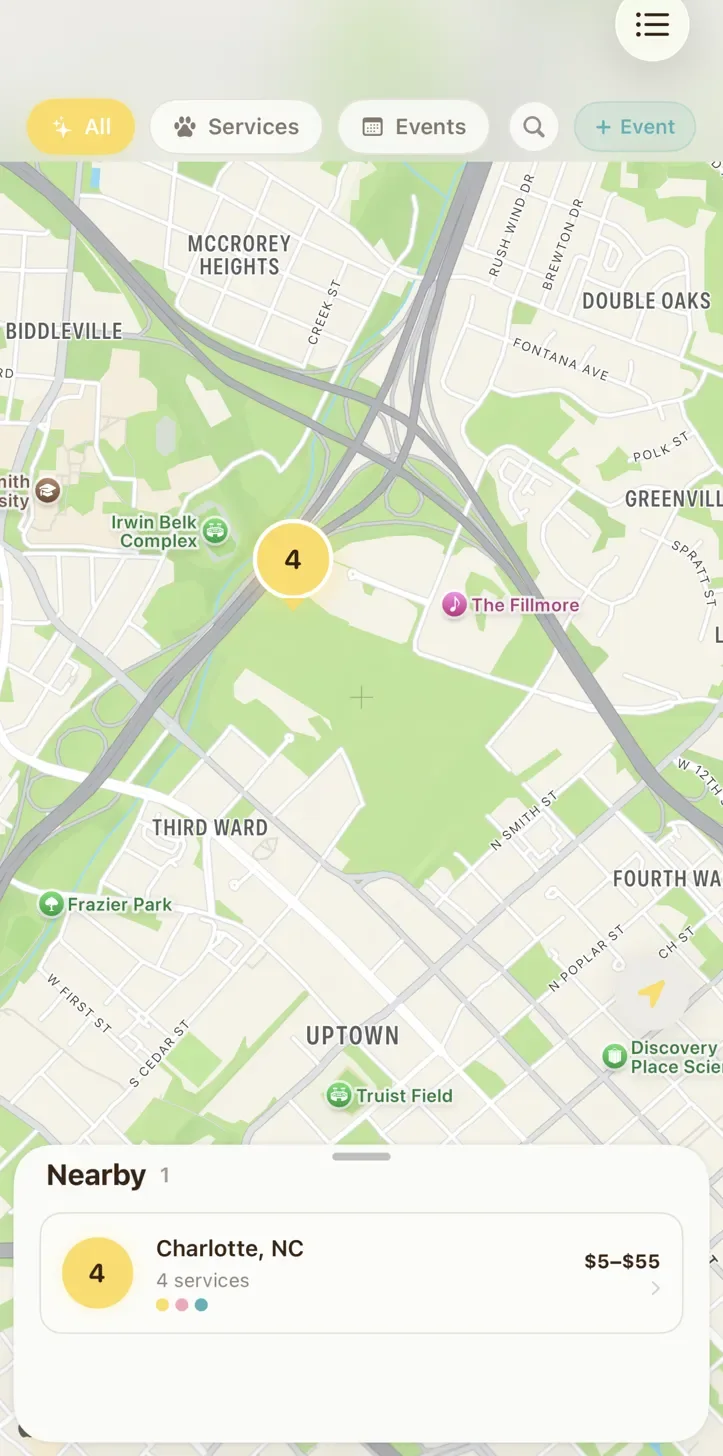 Pawprint map view of Charlotte with a cluster of nearby services and a Nearby card