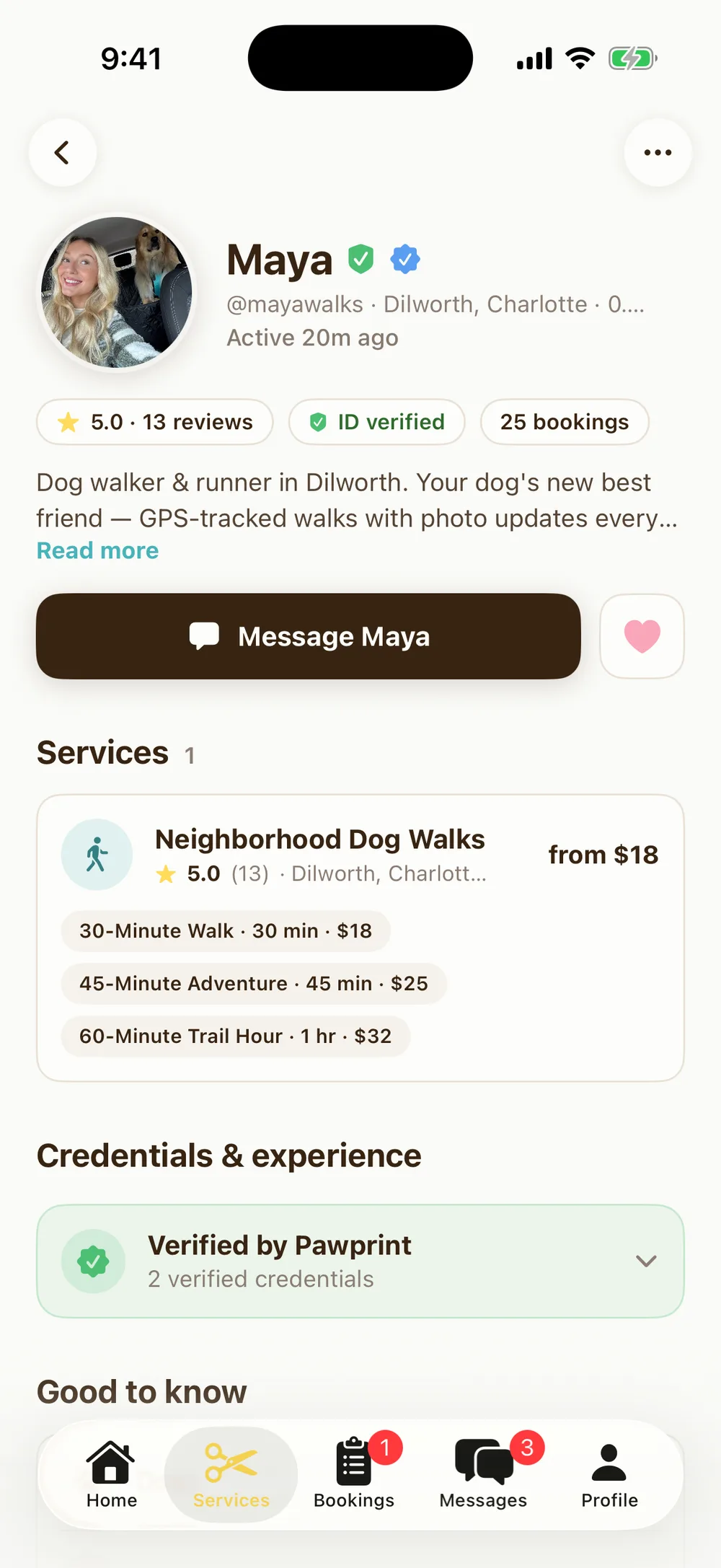 Pawprint provider profile showing verification badges, ratings, listed services, and the provider's own pets
