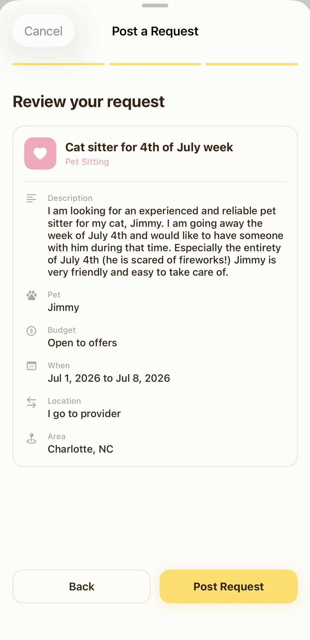 Pawprint Post a Request screen with category, title, pet selector, and budget options