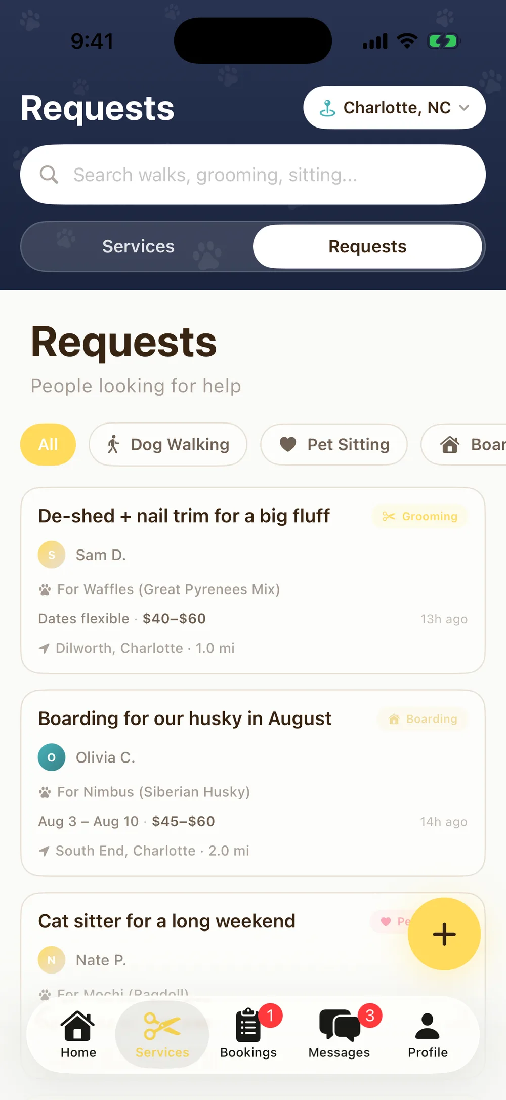 Pawprint open requests feed with service-type filters and request cards showing pet, budget, dates, and distance
