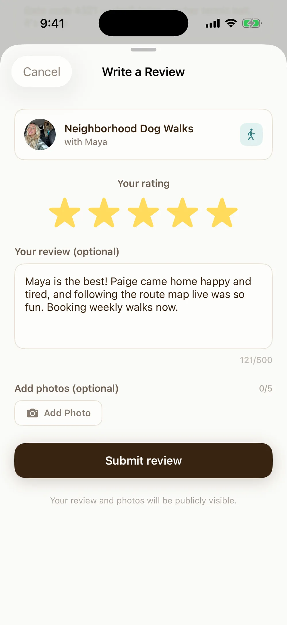 Pawprint Write a Review screen with a five-star rating, a written review field, and an option to add photos