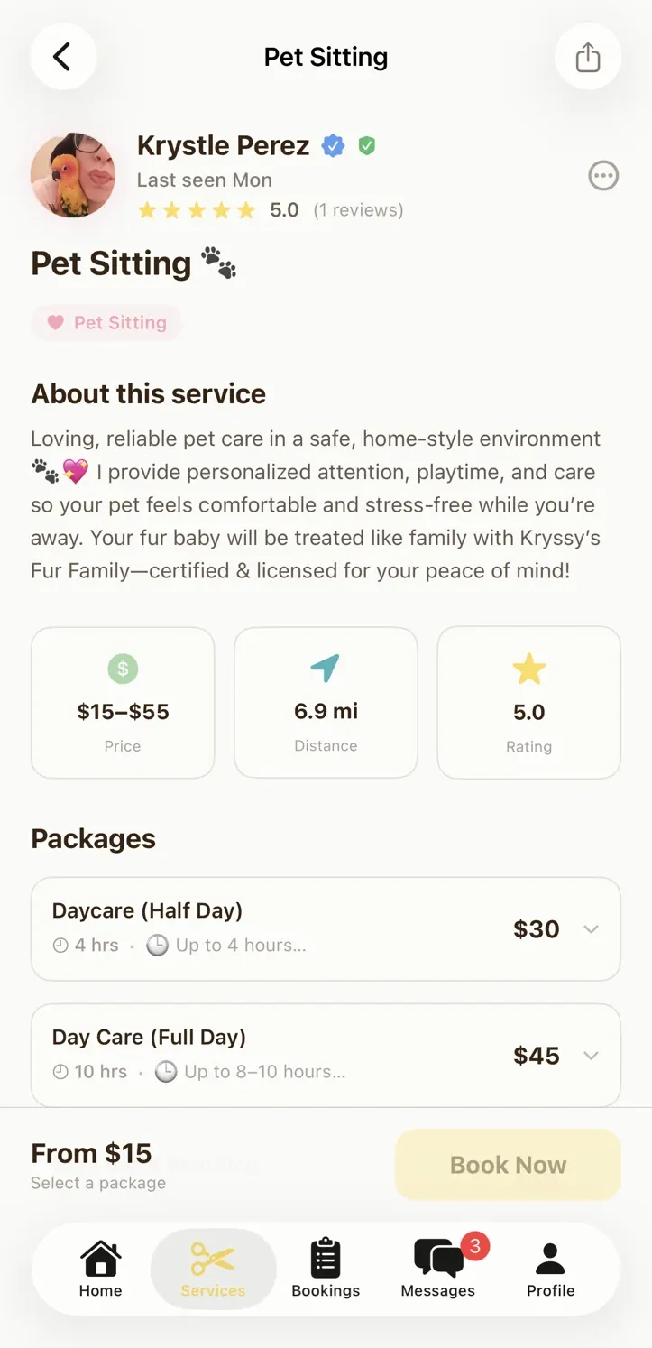 Pawprint service detail screen with About, price, distance and rating tiles, and selectable packages